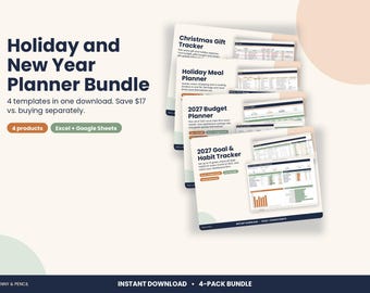 Holiday Planner Bundle, Christmas Gift Tracker, Holiday Meal Planner, 2027 Budget Planner & Habit Tracker for Excel and Google Sheets