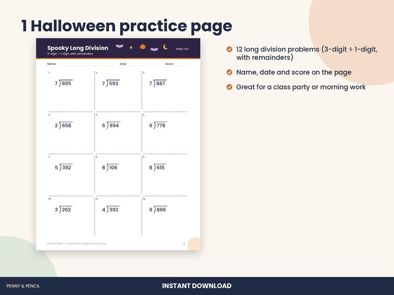Peut inclure: Une feuille d'exercices de math&eacute;matiques sur le th&egrave;me d'Halloween intitul&eacute;e Spooky Long Division avec 12 probl&egrave;mes de division longue &agrave; 3 chiffres par 1 chiffre. L'en-t&ecirc;te comporte des ic&ocirc;nes de chauve-souris, citrouille et lune.
