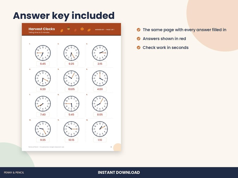 Thanksgiving Telling Time Worksheet, 2nd Grade Fall Math (PDF Download) imagen 3