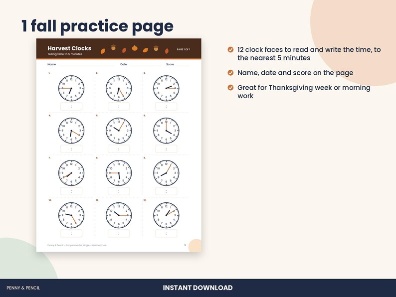 Thanksgiving Telling Time Worksheet, 2nd Grade Fall Math (PDF Download) imagen 2