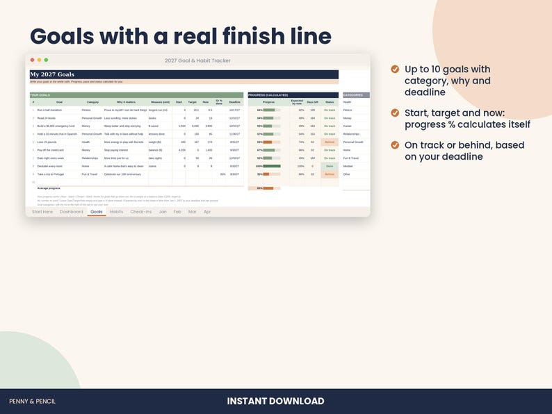 2027 Habit Tracker Spreadsheet, New Year Goal Planner for Excel & Google Sheets image 3