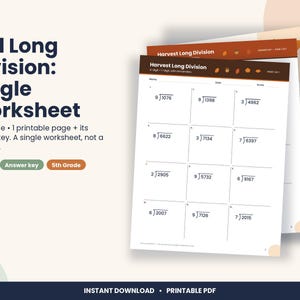 May include: A printable educational worksheet titled Fall Long Division: Single Worksheet, featuring 5th grade math problems with 4-digit numbers divided by 1-digit numbers, including an answer key with autumn-themed pumpkin icons.