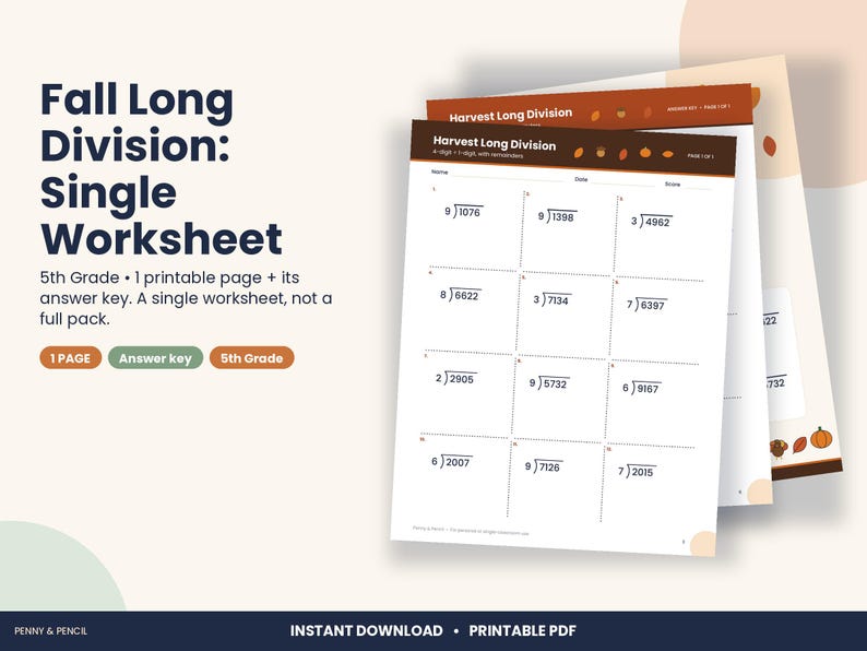 May include: A printable educational worksheet titled Fall Long Division: Single Worksheet, featuring 5th grade math problems with 4-digit numbers divided by 1-digit numbers, including an answer key with autumn-themed pumpkin icons.