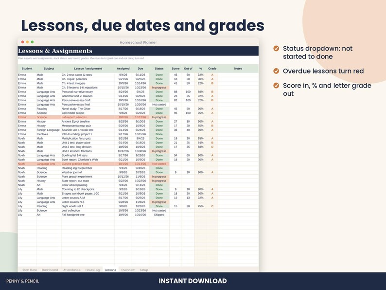 Homeschool Planner Spreadsheet, Attendance and 180 Day Log for Excel & Google Sheets image 4