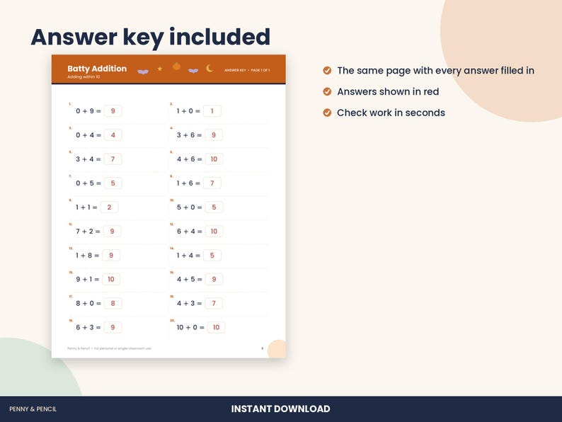 Halloween Addition Within 10 Worksheet, Kindergarten Math (PDF Download) image 3