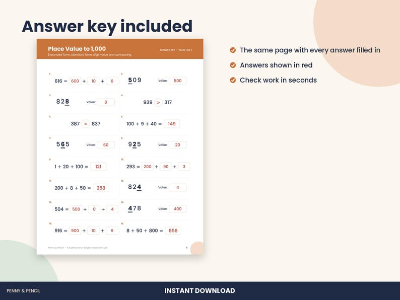 2nd Grade Place Value Worksheet, Expanded Form to 1,000 (PDF Download) image 3