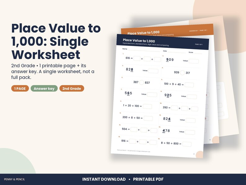 2nd Grade Place Value Worksheet, Expanded Form to 1,000 (PDF Download) image 1