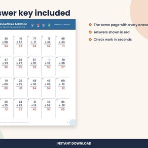 Pu&ograve; includere: Una scheda didattica Snowflake Addition con venti problemi matematici a due cifre con riporto. L'intestazione include il titolo, icone e informazioni sulla pagina. Ogni problema &egrave; in una griglia con le risposte corrette in rosso.
