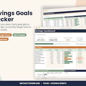 May include: A digital savings goals tracker spreadsheet for Excel and Google Sheets. The interface displays a Savings Dashboard with columns for goals, saved amounts, targets, progress bars, status, and dates. Text includes Savings Goals Tracker.