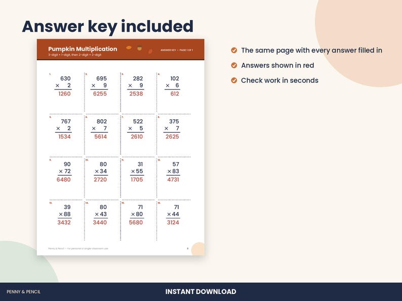 May include: A Pumpkin Multiplication worksheet featuring sixteen math problems with three-digit by one-digit and two-digit by three-digit multiplication equations. The answers are printed in red below each problem on a white background.