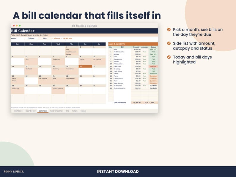Bill Tracker Spreadsheet, Monthly Bill Calendar for Excel & Google Sheets image 3