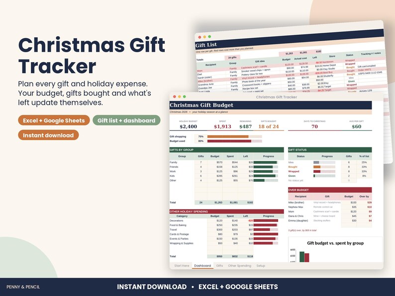 Christmas Gift Budget Tracker Spreadsheet, Holiday Gift List for Excel & Google Sheets image 1