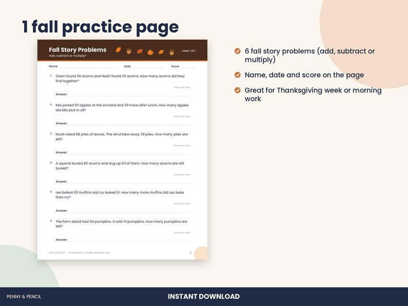 Thanksgiving Math Word Problems Worksheet, 3rd Grade Fall (PDF Download) image 2
