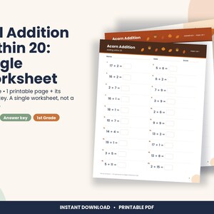 Thanksgiving Addition Within 20 Worksheet, 1st Grade Fall Math (PDF Download) image 1