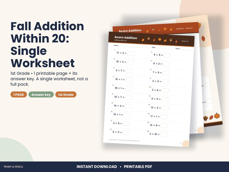 Thanksgiving Addition Within 20 Worksheet, 1st Grade Fall Math (PDF Download) image 1