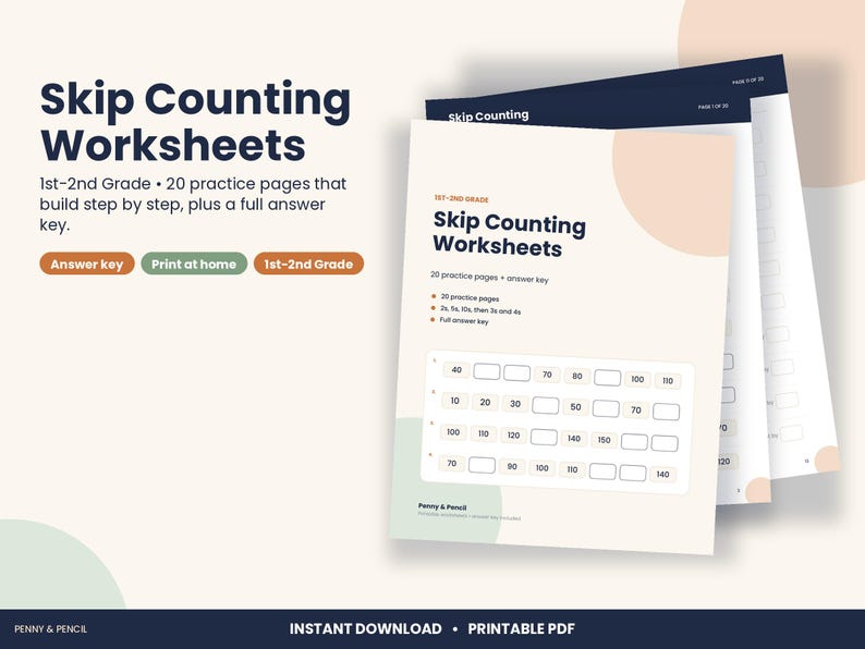 Skip Counting Worksheets, 1st and 2nd Grade, Count by 2s 5s 10s (PDF Download) image 1