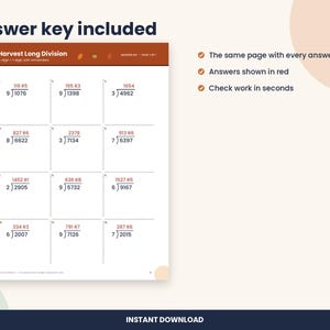 May include: A Harvest Long Division worksheet featuring twelve math problems with four-digit dividends and one-digit divisors. The document includes a brown header, dashed grid lines, and red text for the answers and remainders.