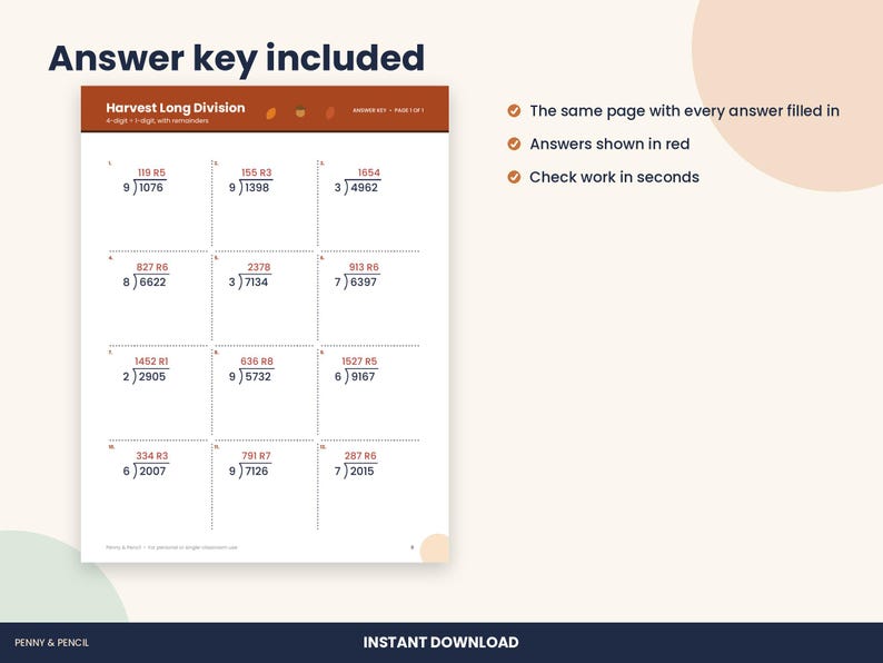 May include: A Harvest Long Division worksheet featuring twelve math problems with four-digit dividends and one-digit divisors. The document includes a brown header, dashed grid lines, and red text for the answers and remainders.