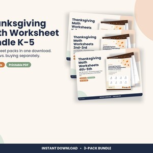Thanksgiving Math Worksheet Bundle K-5, 3 Printable Packs with Answer Keys, Homeschool & Classroom