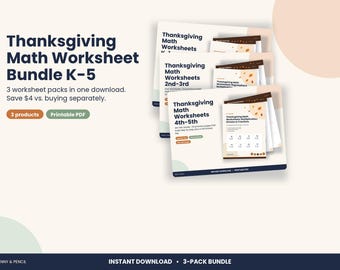Thanksgiving Math Worksheet Bundle K-5, 3 Printable Packs with Answer Keys, Homeschool & Classroom