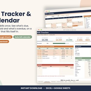Bill Tracker Spreadsheet, Monthly Bill Calendar for Excel & Google Sheets
