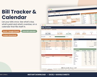 Bill Tracker Spreadsheet, Monthly Bill Calendar for Excel & Google Sheets