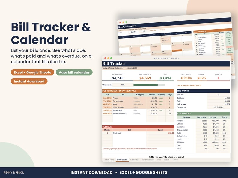 Bill Tracker Spreadsheet, Monthly Bill Calendar for Excel & Google Sheets image 1