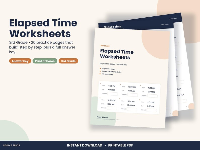3rd Grade Elapsed Time Worksheets, 20 Pages with Answer Key (PDF Download) image 1