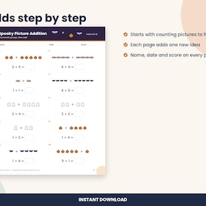 Halloween Math Worksheets, Kindergarten and 1st Grade Counting, Addition (PDF Download) image 2