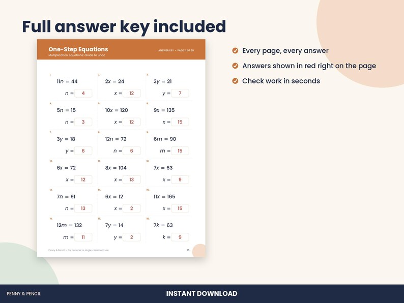 6th Grade One-Step Equations Worksheets, Pre-Algebra with Answer Key (PDF Download) image 3