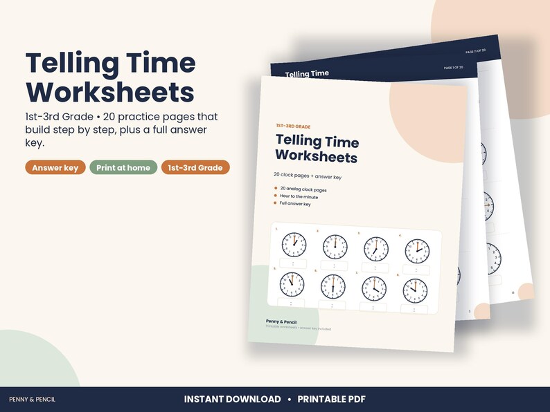 Telling Time Worksheets, 1st to 3rd Grade, 20 Pages with Answer Key (PDF Download) image 1