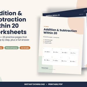 1st Grade Addition and Subtraction Within 20 Worksheets, Answer Key (PDF Download) image 1