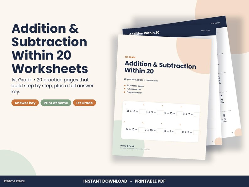 1st Grade Addition and Subtraction Within 20 Worksheets, Answer Key (PDF Download) image 1