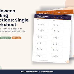 Halloween Adding Fractions Worksheet, 5th Grade Like Denominators (PDF Download)