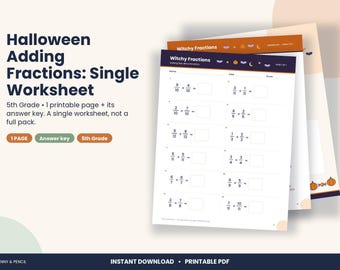 Halloween Adding Fractions Worksheet, 5th Grade Like Denominators (PDF Download)