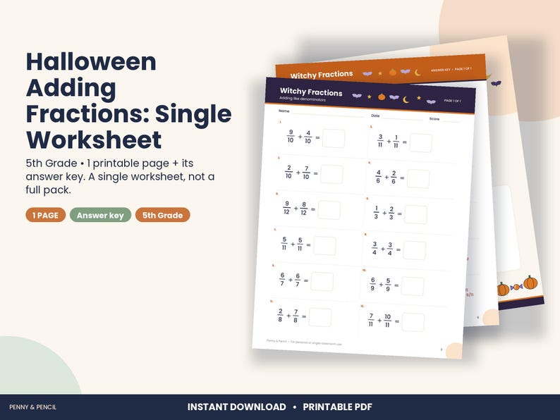 May include: A printable Halloween-themed math worksheet titled Witchy Fractions, featuring ten addition problems with fractions. The page includes a header with small icons of bats, pumpkins, and moons, plus an answer key page behind it.