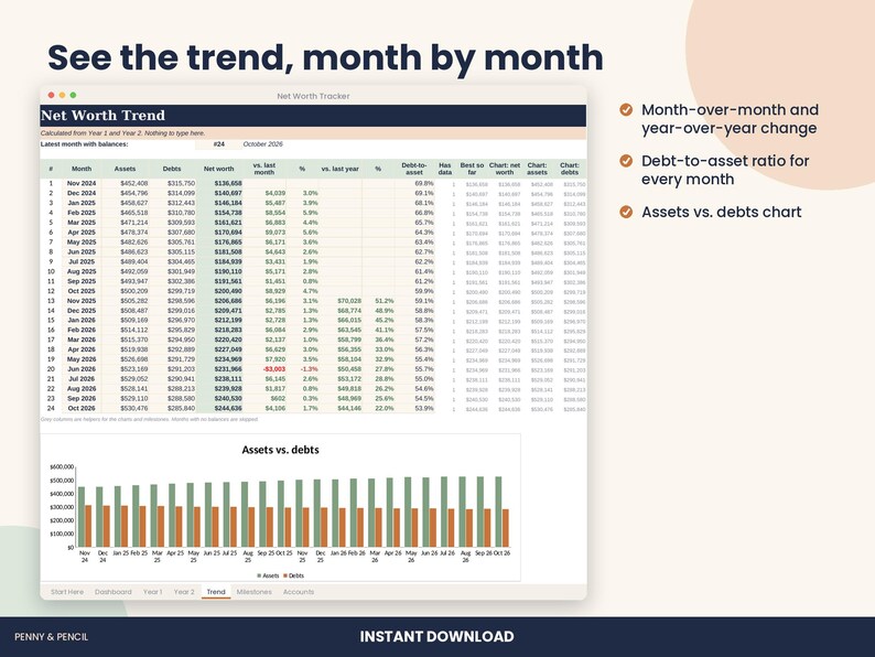 Net Worth Tracker Spreadsheet, Assets and Debts with Charts for Excel & Google Sheets image 4