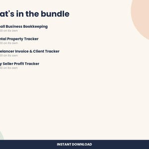 May include: A digital bundle list titled What's in the bundle featuring four items: Small Business Bookkeeping, Rental Property Tracker, Freelancer Invoice & Client Tracker, and Etsy Seller Profit Tracker, with individual prices listed below each item.