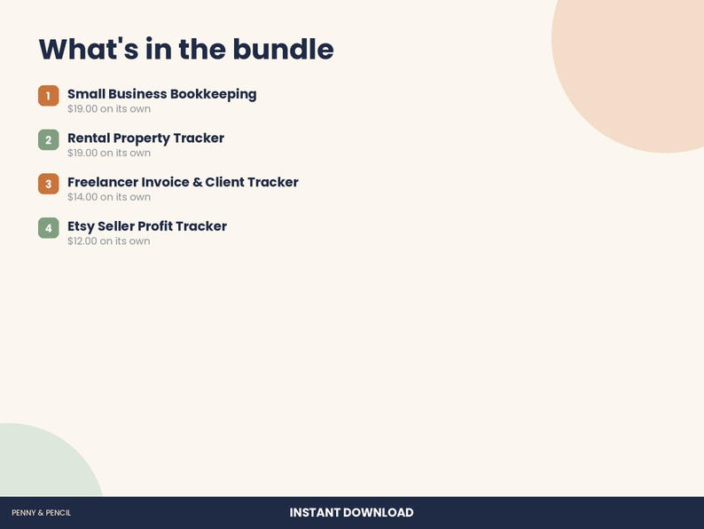 May include: A digital bundle list titled What's in the bundle featuring four items: Small Business Bookkeeping, Rental Property Tracker, Freelancer Invoice & Client Tracker, and Etsy Seller Profit Tracker, with individual prices listed below each item.