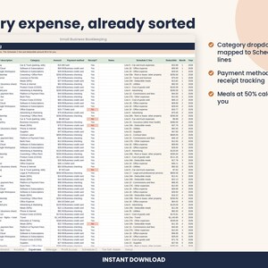 Small Business Bookkeeping Spreadsheet, Schedule C Expenses for Excel & Google Sheets image 3