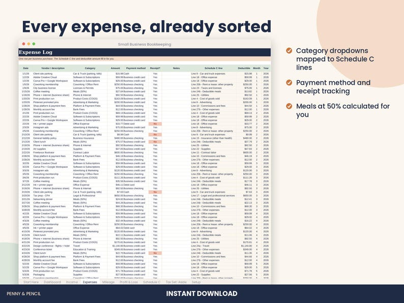 Small Business Bookkeeping Spreadsheet, Schedule C Expenses for Excel & Google Sheets image 3