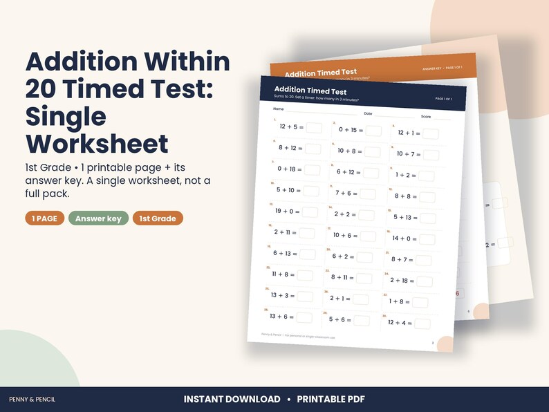 1st Grade Addition Within 20 Timed Test Worksheet (PDF Download) image 1