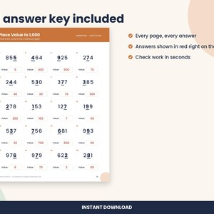 May include: A math worksheet titled Place Value to 1,000 featuring twenty problems with three-digit numbers. Each problem has an underlined digit and a box for the value. Answers are printed in red text next to each problem.