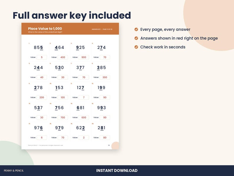 May include: A math worksheet titled Place Value to 1,000 featuring twenty problems with three-digit numbers. Each problem has an underlined digit and a box for the value. Answers are printed in red text next to each problem.