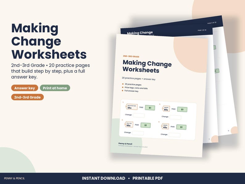 Making Change Worksheets, 2nd and 3rd Grade Money Math, Answer Key (PDF Download) image 1