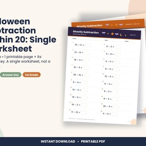 Halloween Subtraction Within 20 Worksheet, 1st Grade Math (PDF Download) image 1