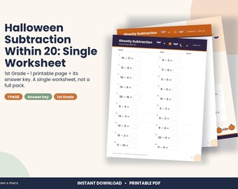 Peut inclure: Une fiche d'exercices imprimable Halloween Subtraction Within 20 avec un en-tête violet foncé portant le texte Ghostly Subtraction, des icônes de chauves-souris et de citrouilles, et une liste de soustractions avec des cases vides.