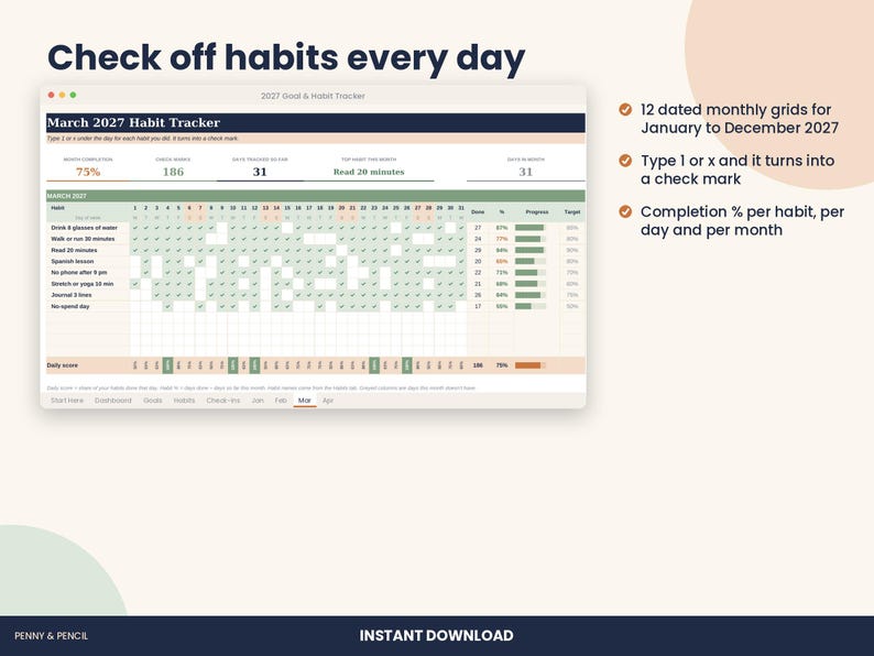 2027 Habit Tracker Spreadsheet, New Year Goal Planner for Excel & Google Sheets image 4