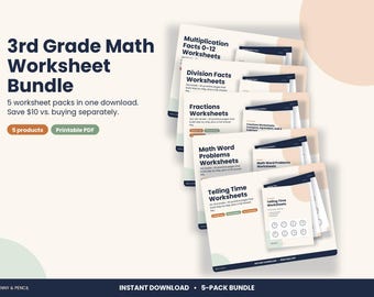 Matematikövningsblad för årskurs 3, 5-pack med svarsnycklar (PDF-nedladdning)