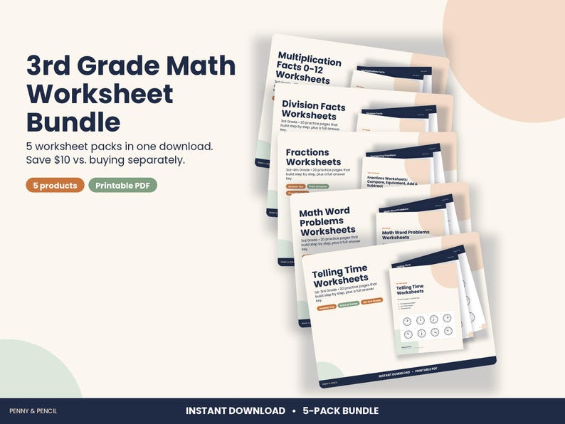 3rd Grade Math Worksheet Bundle, 5 Packs with Answer Keys (PDF Download) image 1